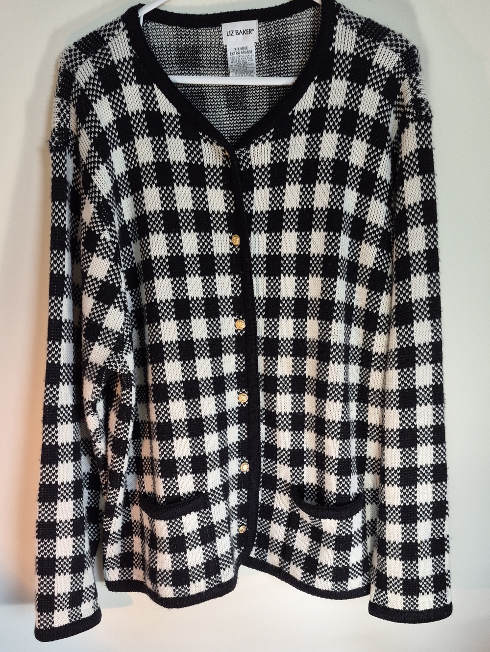 Liz Baker Black and White Check V‑Neck Cardigan Women's Size XL